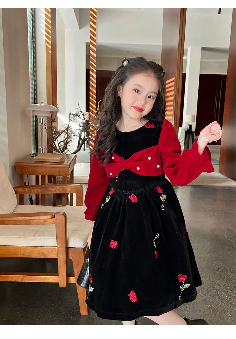 

Retail New Teenage Long Sleeve Red Embroidery Velour Dress , Girls Princes Fashion Elegant Party Clothes 5-12 T