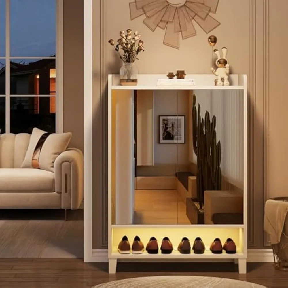 Shoe Cabinet with Mirrored Door, 7-Tier Shoe Storage Cabinet for Entryway, Freestanding Shoe Rack Cabinet with LED Light and Adj 6