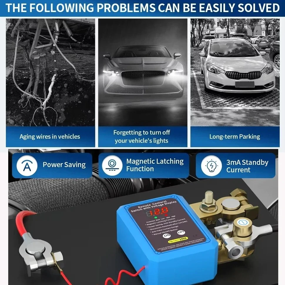Auto Battery Master Switch 240A Kill Switch 12V Remote Battery Disconnect with Led Voltage Display Automatic with Remote