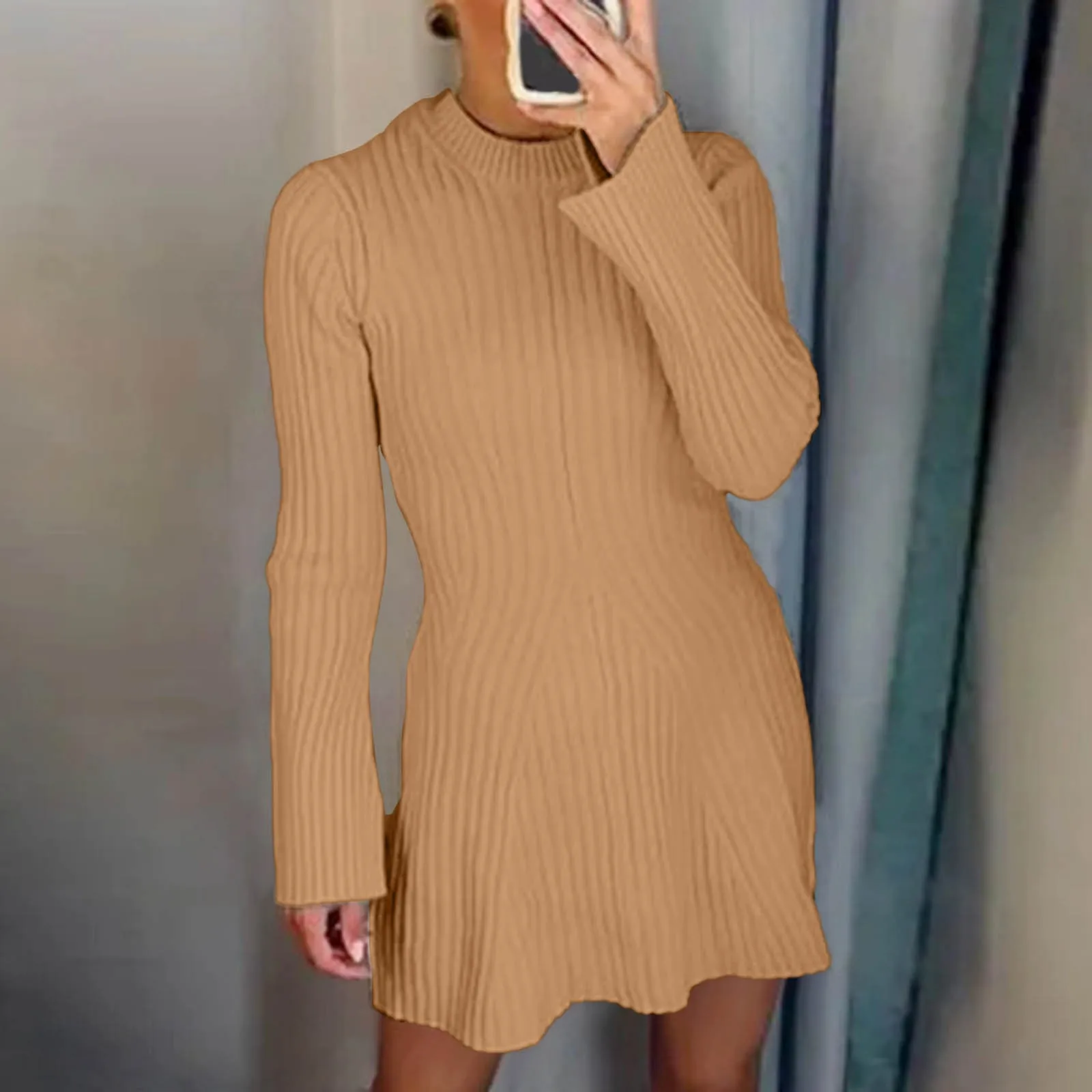 

Elegant Solid Ribbed Knitted Short Dress For Women 2023 Long Sleeve O Neck Mini Dresses Fashion Autumn Lady Party Club Vestidos