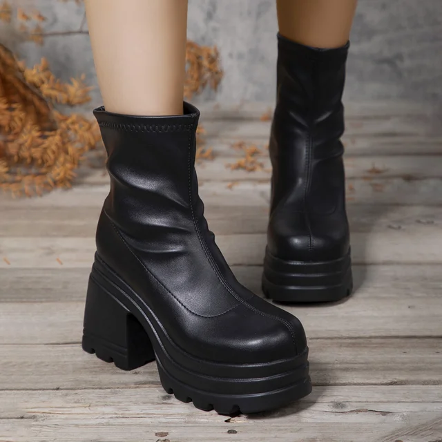 Women New Fashion Short Boots Women Sexy Leather Boot Square toe casual Zipper high heels Casual thick soled women shoes Zapatos 5