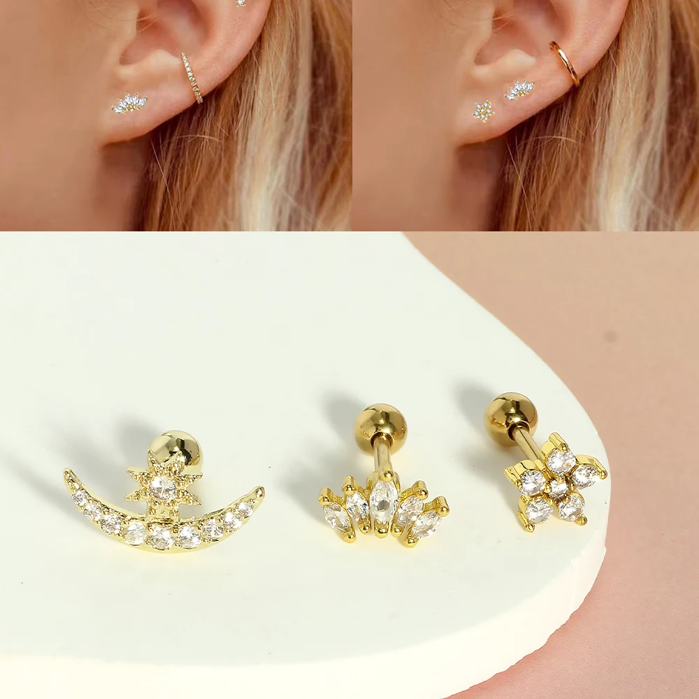 3Pc 16G Stainless Steel Helix Piercing Jewelry Screw Flat Back Stud Earrings for Women Gold Cartilage Earring Conch Daith Rings