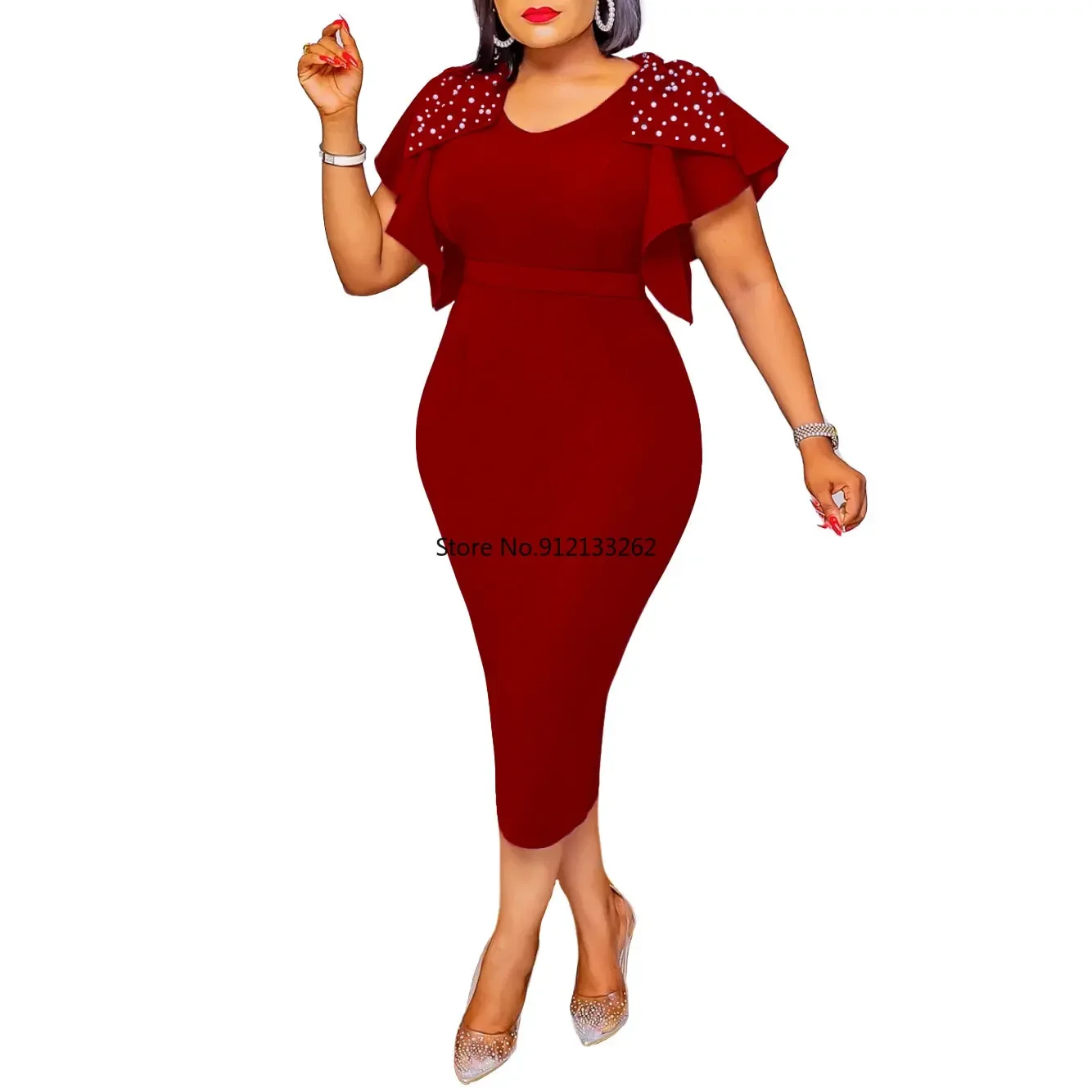 Women Pearl Beading Shoulder Flare Short Sleeve Bodycon Midi Dress 2024 Office Lady Work Sexy Club Party Evening Dresses