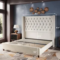 Velvet Upholstered Bed Frame Queen Size 61.4" Tall Headboard Queen Bed Frame/Deep Button Tufted/No Box Spring Needed/Cream 1