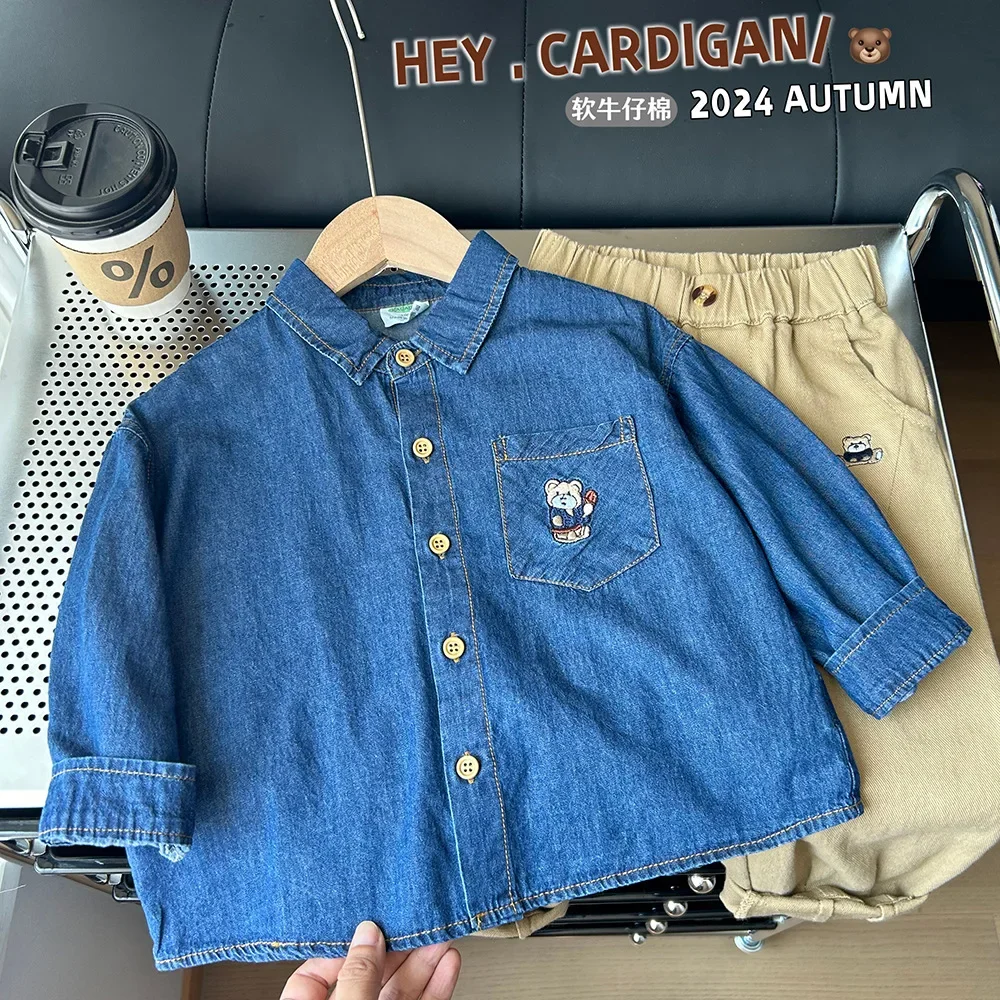 Autumn Boys Cute Embroidery Bear Soft Jeans Shirt Kids Children Casual Denim Blouse Outerwear 100-150cm