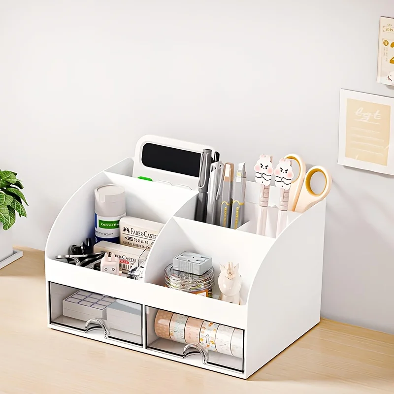 Organizer da scrivania a 6 scomparti con 2 cassetti, contenitore in plastica per cosmetici, set organizer da scrivania, portapenne, perfetto per l'organizzazione - immagine 3