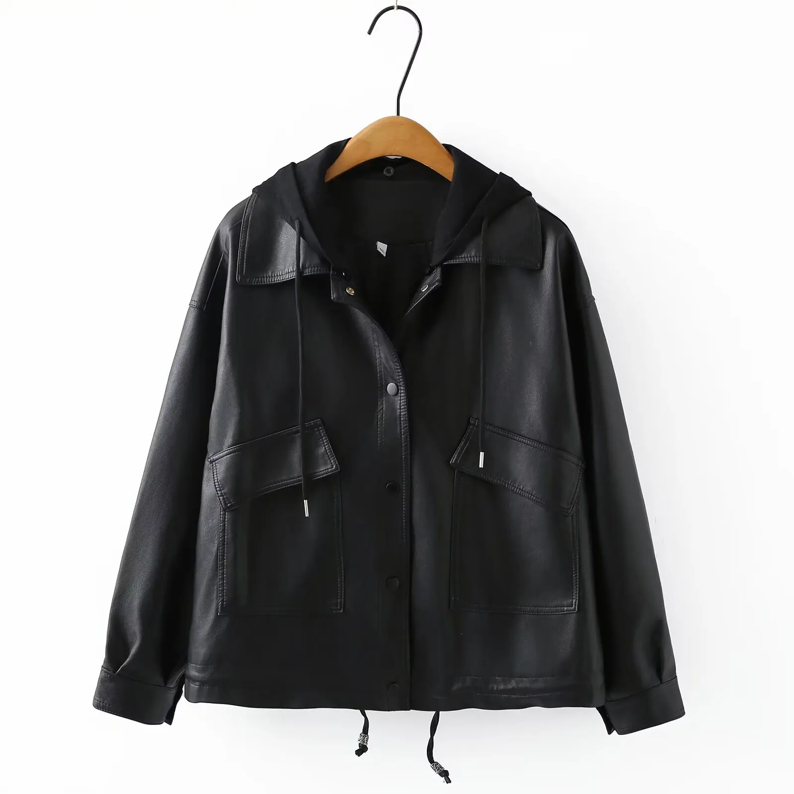 Fashion Plus Size Women's Leather Jacket Autumn New Loose Black Hooded Large Pocket PU Zipper Coat 6633