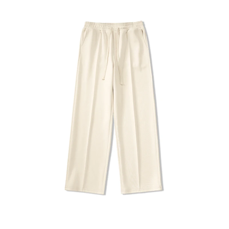 Spring Autumn Men's Pockets Elastic High Waisted Solid Drawstring Loose Casual Wide Leg Sports Trousers Office Lady Pants Wide Leg Pants