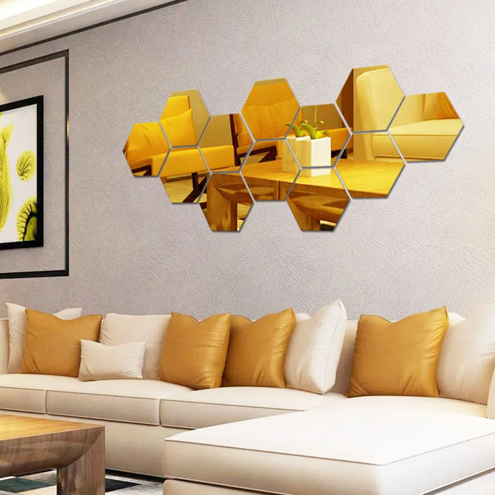 Description Picture 3 of item12Pcs Acrylic Hexagon 3D Art Mirror Wall Sticker Art Wallpaper for Party Wedding Bedroom Kitchen Room Home Interior Decor