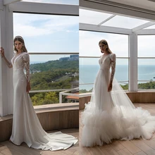 

RANMO Luxury 2 in 1 Wedding Dress Separable Skirt Scoop Applique Mermaid Bride Gown Long Sleeves Court Train Modern Formal Gown