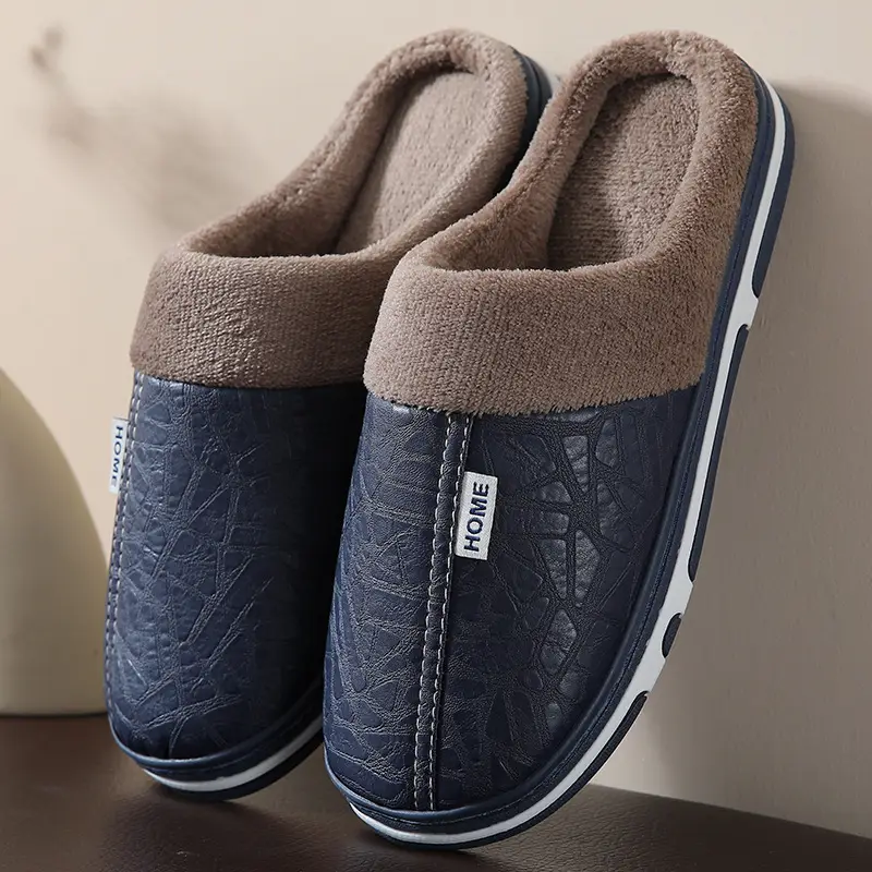 Mens Winter Slippers PU Leather Waterproof Indoor House Shoes Big Size Warm Fur Lined Home Bedroom Slippers - Image 4