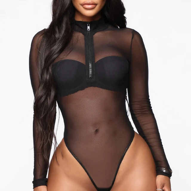 Sexy Mesh Long Sleeve Bodysuit Women Summer Sheer Black Thong Shapwear  Bodysuit For Out Going Body Top - AliExpress