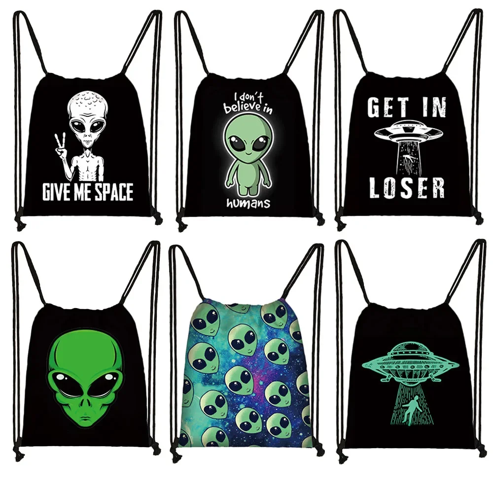 

Alien UFO Print Backpack L Want To Believe Drawstring Bag Student Bookbags Women Men Casual Storage Bag for Travel Shoes Holder