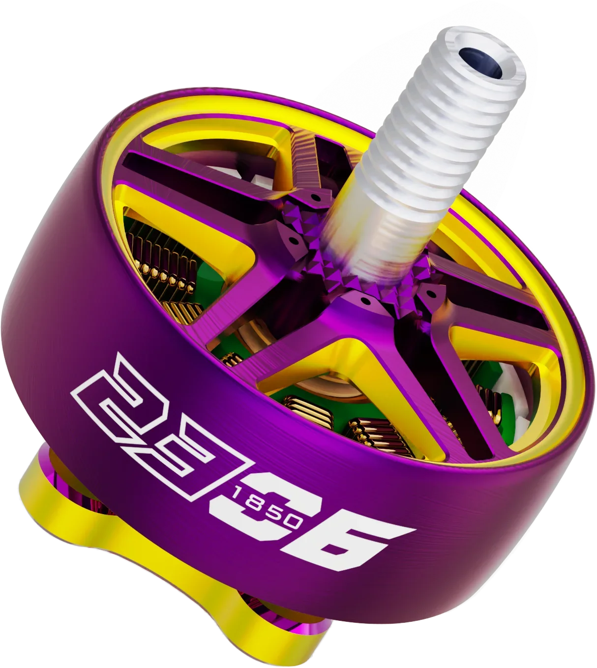 Vue latérale du moteur brushless 2306 1850KV/1950KV pour drone FPV course, montrant son boîtier métallique.