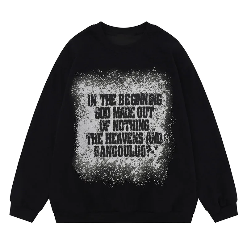 

Hip Hop Distressed Colorblock Letter Printed Sweatshirt for Men Round Neck Rib Sleeve Pullover Autumn Oversized Couple Sweater