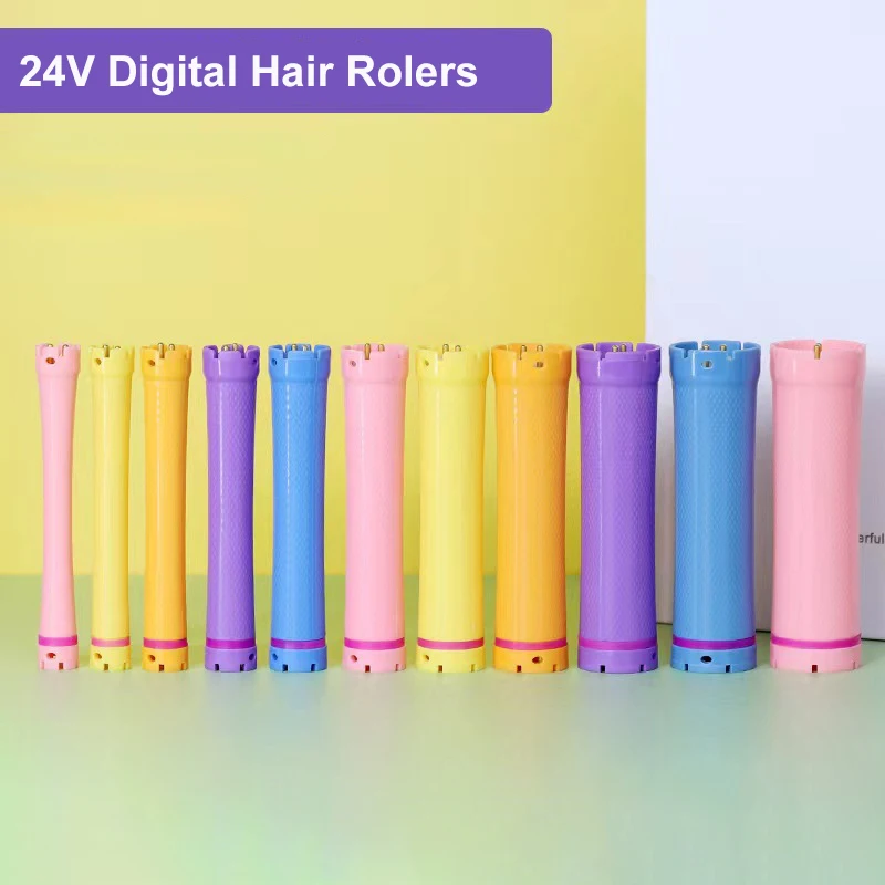 10 pz/set 24V Standard Digital Hair Rollers clip in spugna Set elettrico riscaldato Perm bigodino di lana Curl Big Wave Curling Rod Bar 1808