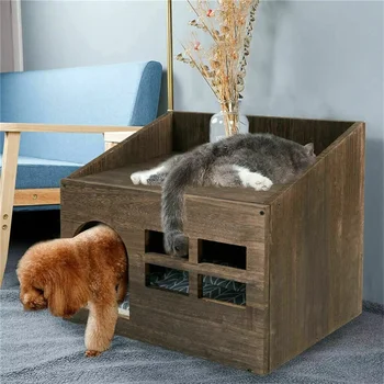 2 In 1 Wooden Cat House Puppy Rabbit Hideout Shelter Small Cat Pet End Table Furniture with Soft Washable Cushion Indoor Outdoor