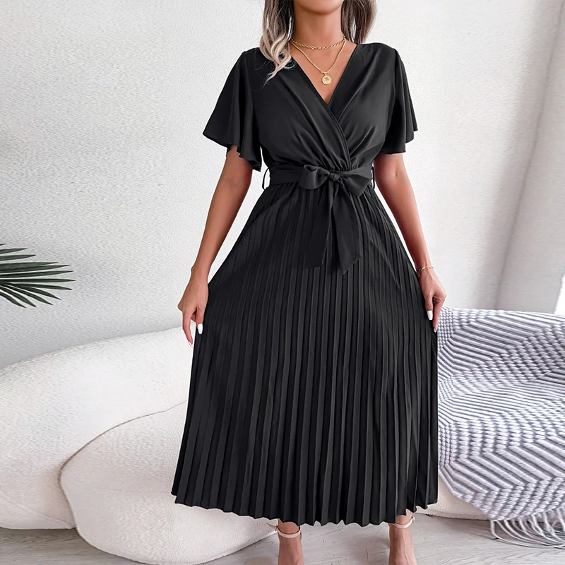 

Fashion Ladies V-neck Short Sleeved Commuting Dress Spring Summer Loose Lace Up Pleats Dress Casual Party Long Dresses Vestidos