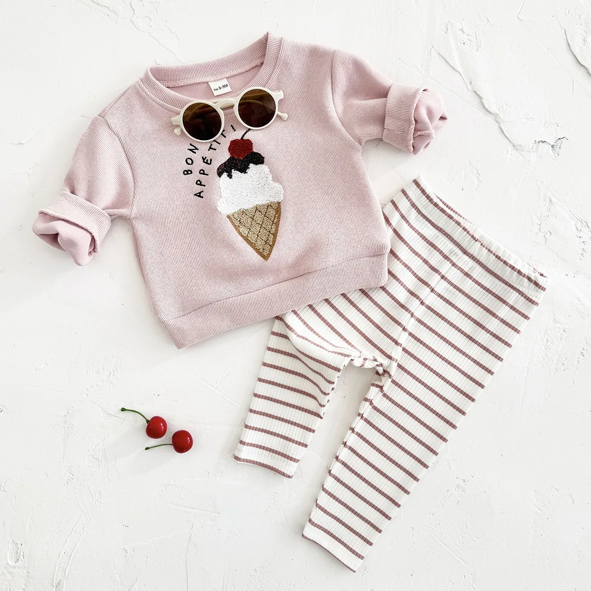 Description Picture 4 of itemIrcomll 2pcs Kids Clothing Pullover Set Baby Girl Boy Clothes Set Ice Cream Embroidery Long-Sleeved Sweatshirts+Striped Trousers