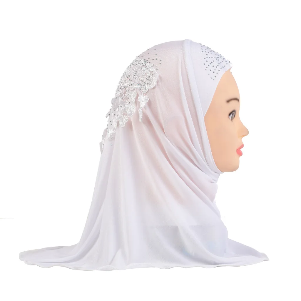 

2023 New Ramadan Hijabs Scarf for Kids Girl 2 to 7 years Old Lace With Drill Muslim Islamic Turban Malaysia Children Headscarf