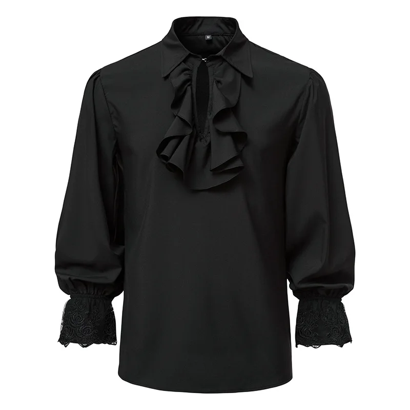 Frill Jabot Collar Shirt Halloween Men Ruffle Neck Top Long Sleeve Victoria Prince Vampire Costume Gothic Party Blouse For Adult