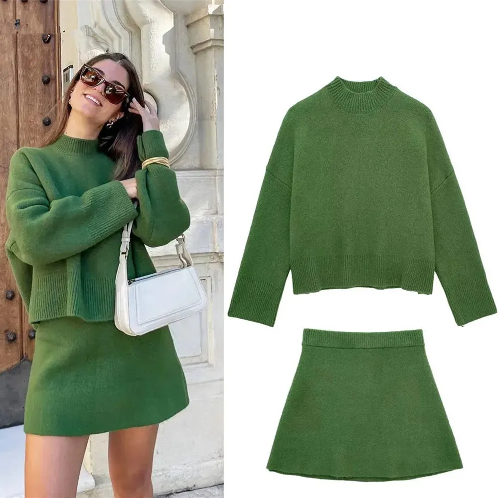Solid High Neck Sweater and Pleated Mini Skirt Set