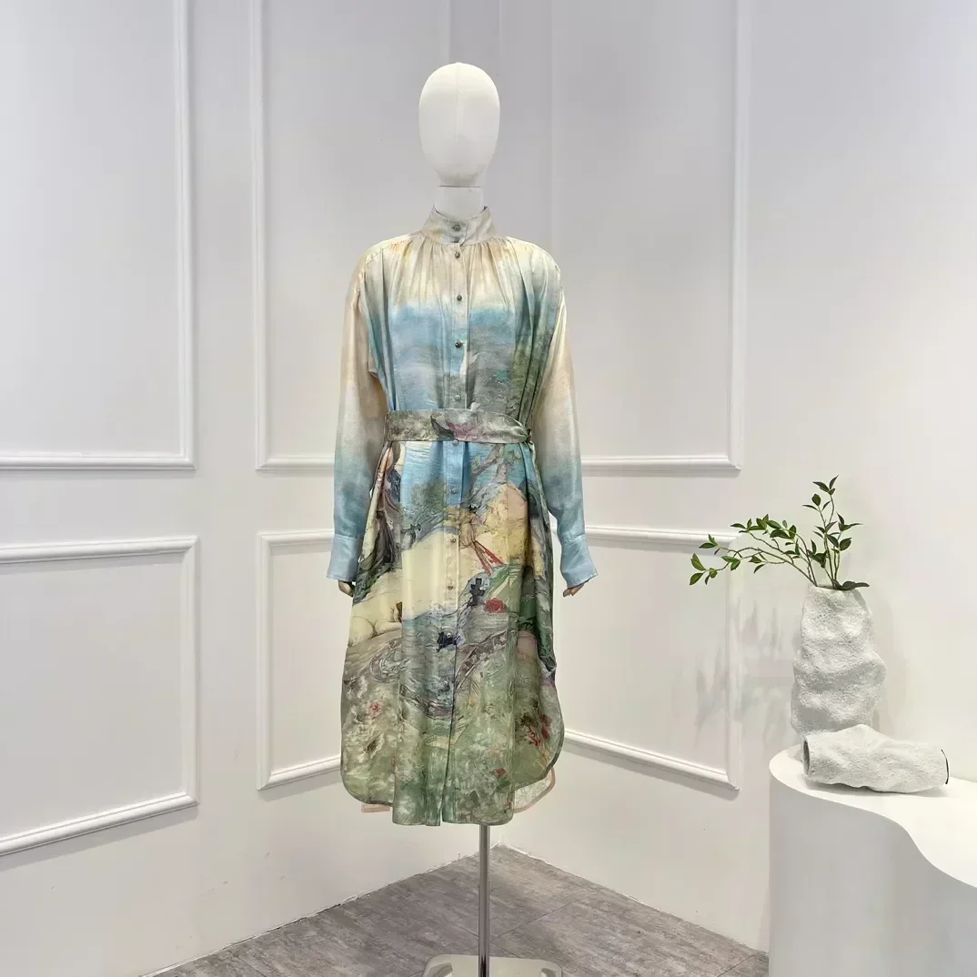 

Silk 2023 New High Quality Scenery Printing Long Sleeve Buttons Lace Belt Woman Midi Casual Dress for Holiday