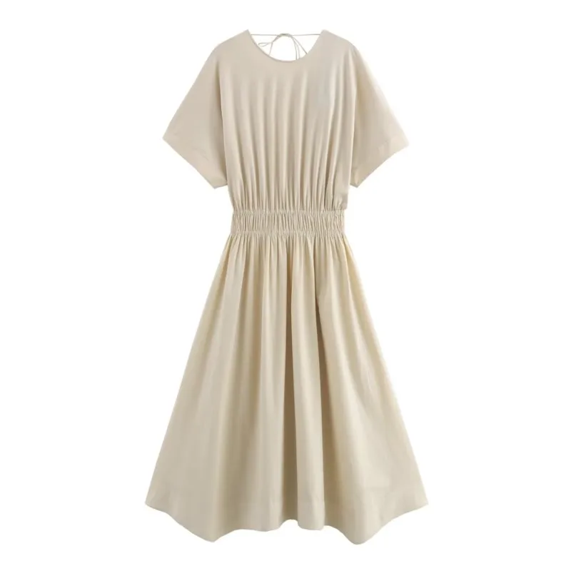 

Платье женское длинное с открытой спиной, пикантное однотонное мини-платье со шнуровкой, с французской талией, со складками и коротким рукавом, на лето