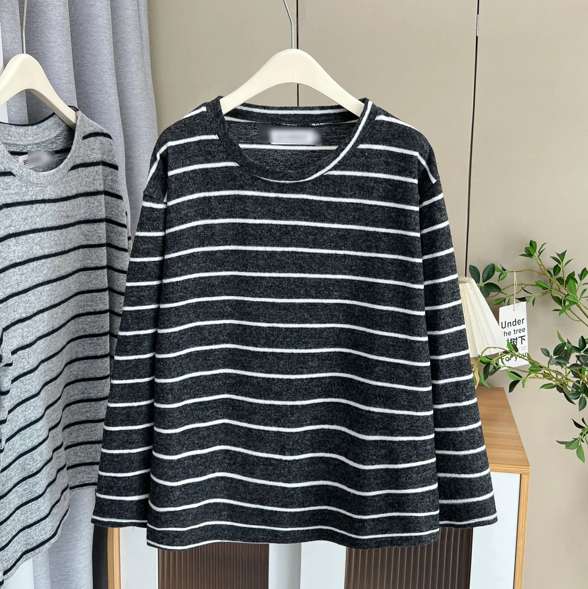 Fashion Plus Size Women's T-Shirt Autumn New Simple Brushed Striped Long Sleeve Tops 1709