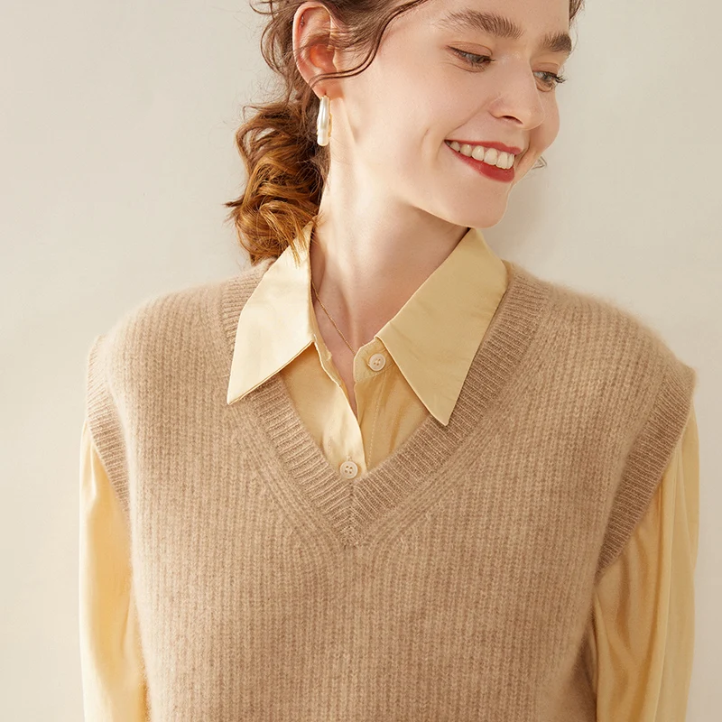 

Autumn and Winter V-neck Cashmere Vest Women's Thick Warm Pullover Sleeveless Vest Loose Slim Wool Sweater Women's Wear