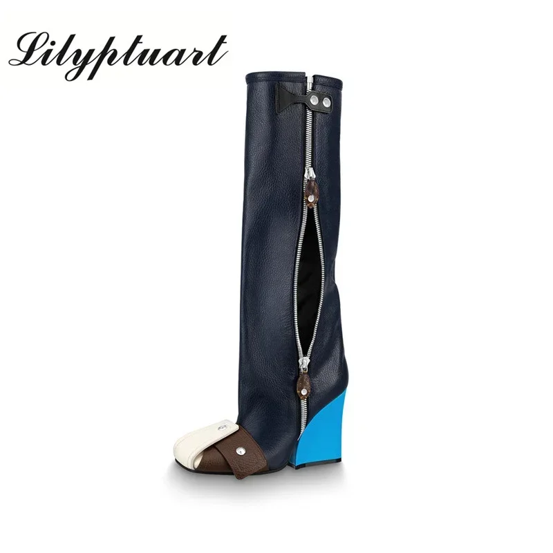 

Women's Autumn and Winter Fashion Rivet Color Blocking Side Zipper Thick High Heel Square Head Motorcycle Catwalk Boots