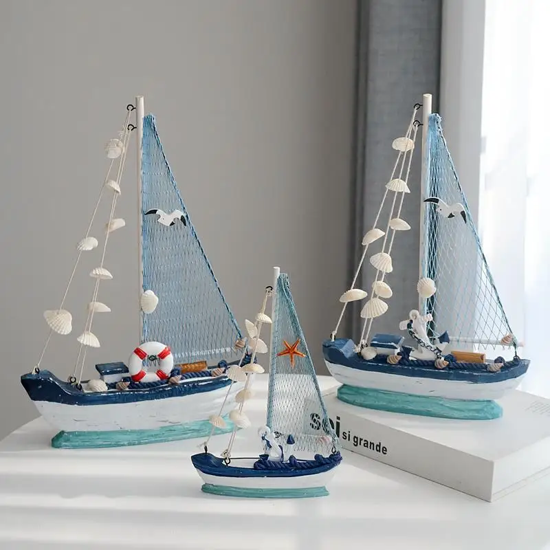 지중해 스타일 나무 미니 범선 모형 장식품 해안 가정 장식 공예품 보트 데스크..