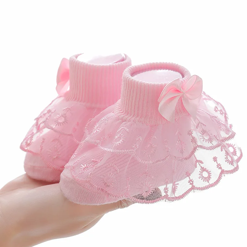 Newborn Baby Socks for Girls Cotton 2 Layer Lace Ruffle Infant Girls Sock Princess Bow Toddler Girls Socks Clothes Accesories