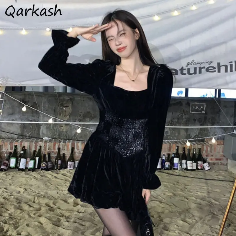 

Long Sleeve Dresses Women Autumn Winter Fashion New Tender Black Square Collar Korean Style Chic Streetwear Casual Ulzzang Fit