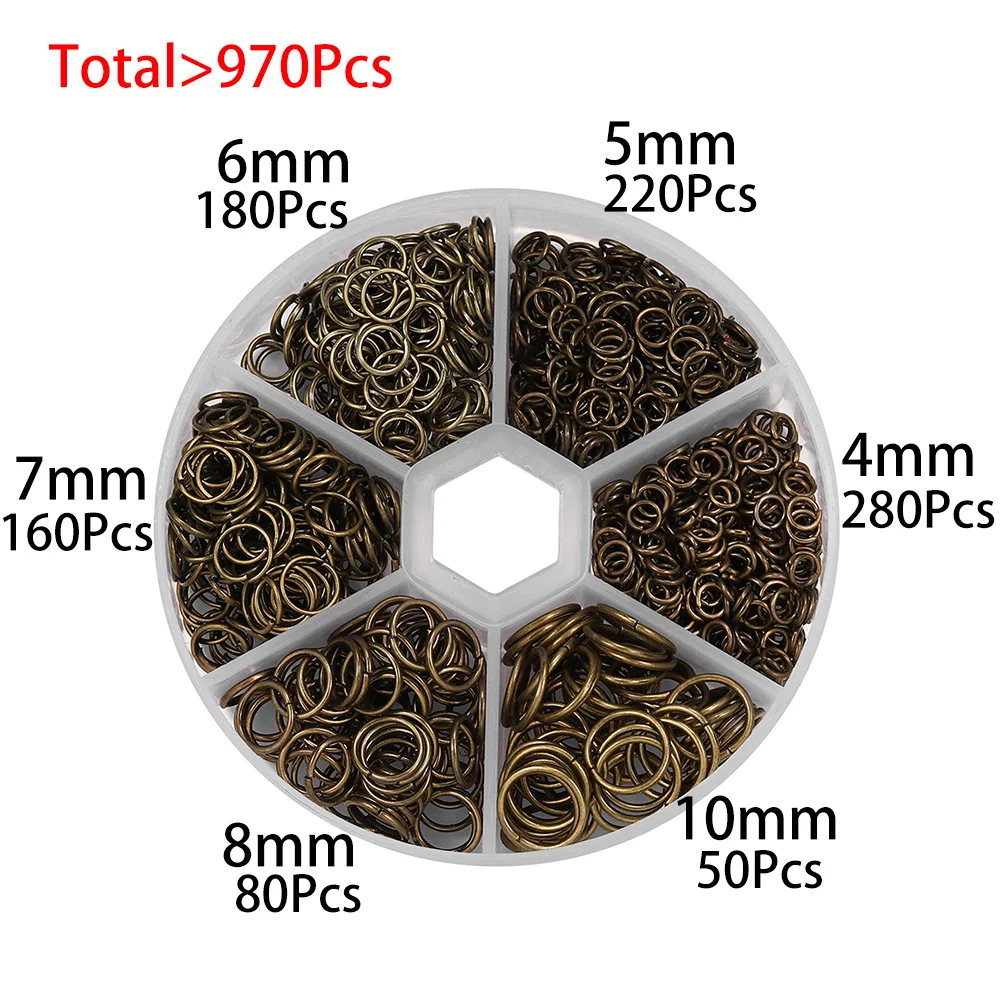 Kit di 1390 anellini aperti, 6 misure, anelli aperti in metallo dorato, per la creazione di gioielli, bracciali, orecchini, collane, ciondoli (4 mm, 5 mm, 6 mm, 7 mm, 8 mm, 10 mm