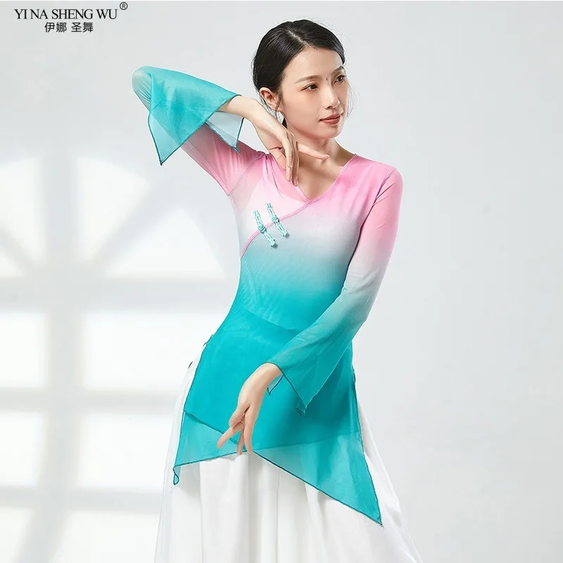 New Style Classical Dance Clothes Gradient Color Tops Chinese Folk Dance Costumes Women's Gauze Dance Practice Clothes Tops images - 6