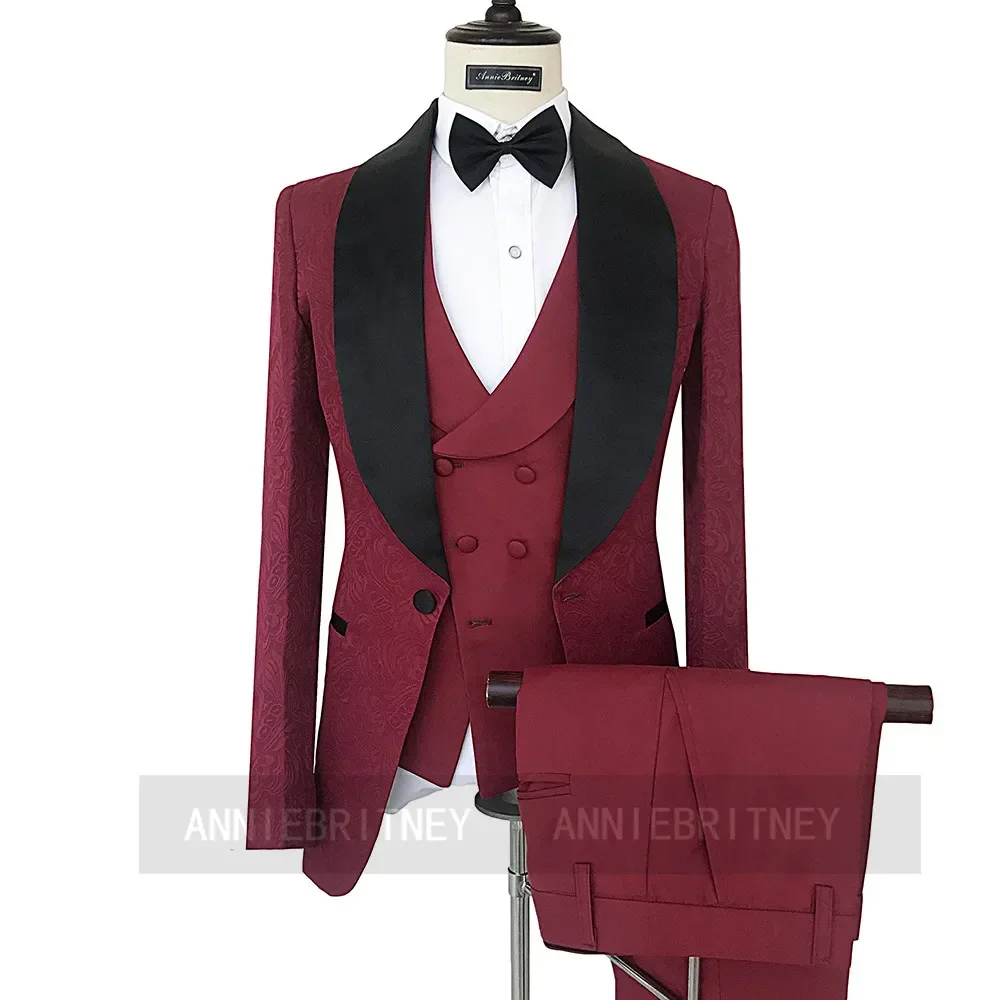 Burgundy Jacquard Formal Wedding Elegant Men Suit Groom Tuxedo Prom Slim Fit Shawl Lapel Blazers High Quality Custom 3 Piece Set