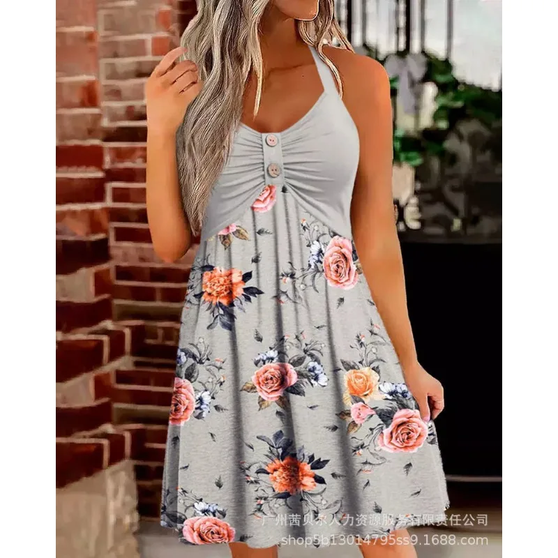 

Women's Sexy Floral Print Button Pleated Dress 2023 New Summer Dress Women's Spaghetti Strap Sleeveless Ruffle Dress