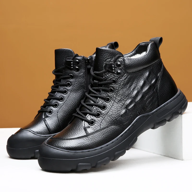 

Winter Men Boots lace up push warm Warm Waterproof Snow Boots Outdoor Walking Casual Shoes genuine Leather Sneakers Men Shoes