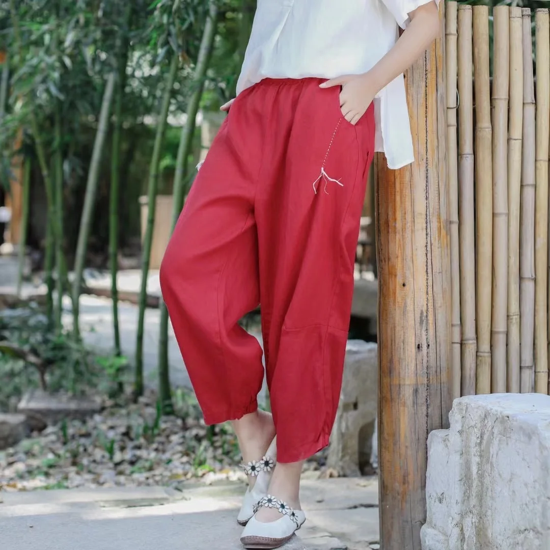 Women Linen Pants Ladies Elastic Waist Flax Pants Female Solid Color Embroidered Linen Trousers Summer Calf Length Pants FT91 denim capris