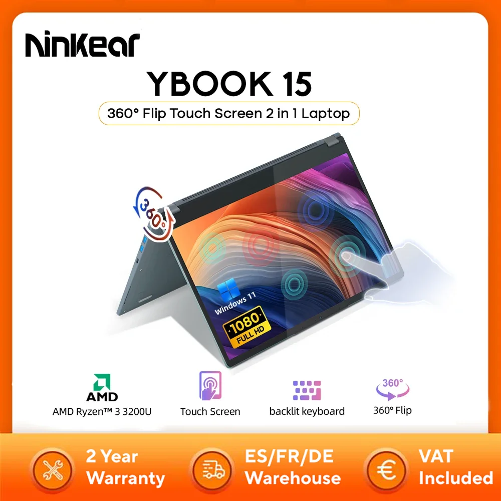 【Marca+】Portátil Ninkear YBOOK15 AMD Ryzen 3 3200U 15,6 pulgadas 360 ° Flip FHD IPS 1920*1080 Pantalla táctil 16G+512GB Teclado retroiluminado