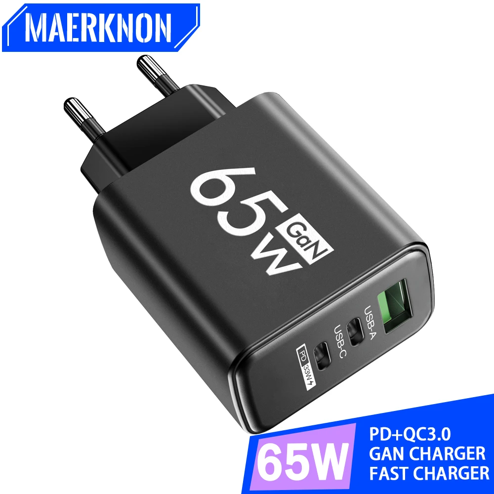 

GaN 65W USB Phone Charger Quick Charge 3.0 Type C PD Wall Chargers For iPhone 15 14 Xiaomi Samsung EU/US Plug Fast Power Adapter