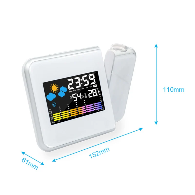 Color Screen Digital Projection Weather Alarm Clock, Electronic LED Adjustable Angle Projection Intelligent Alarm Clock