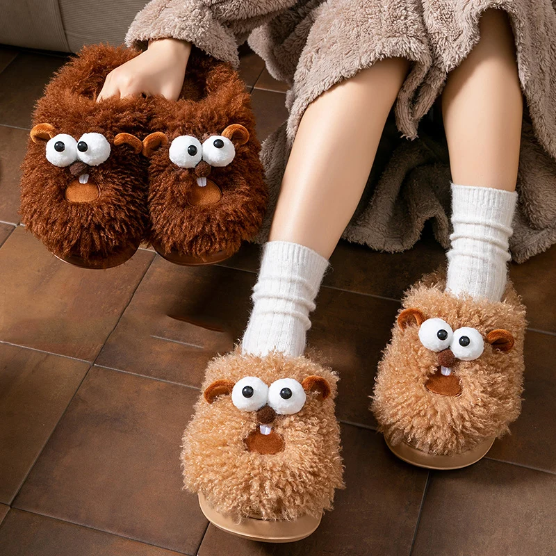 Funny Fluffy Cartoon Cotton Slippers Women Indoor Non Slip Lovely Home Shoes Woman Winter Soft Sole Warm Plush Slides Female