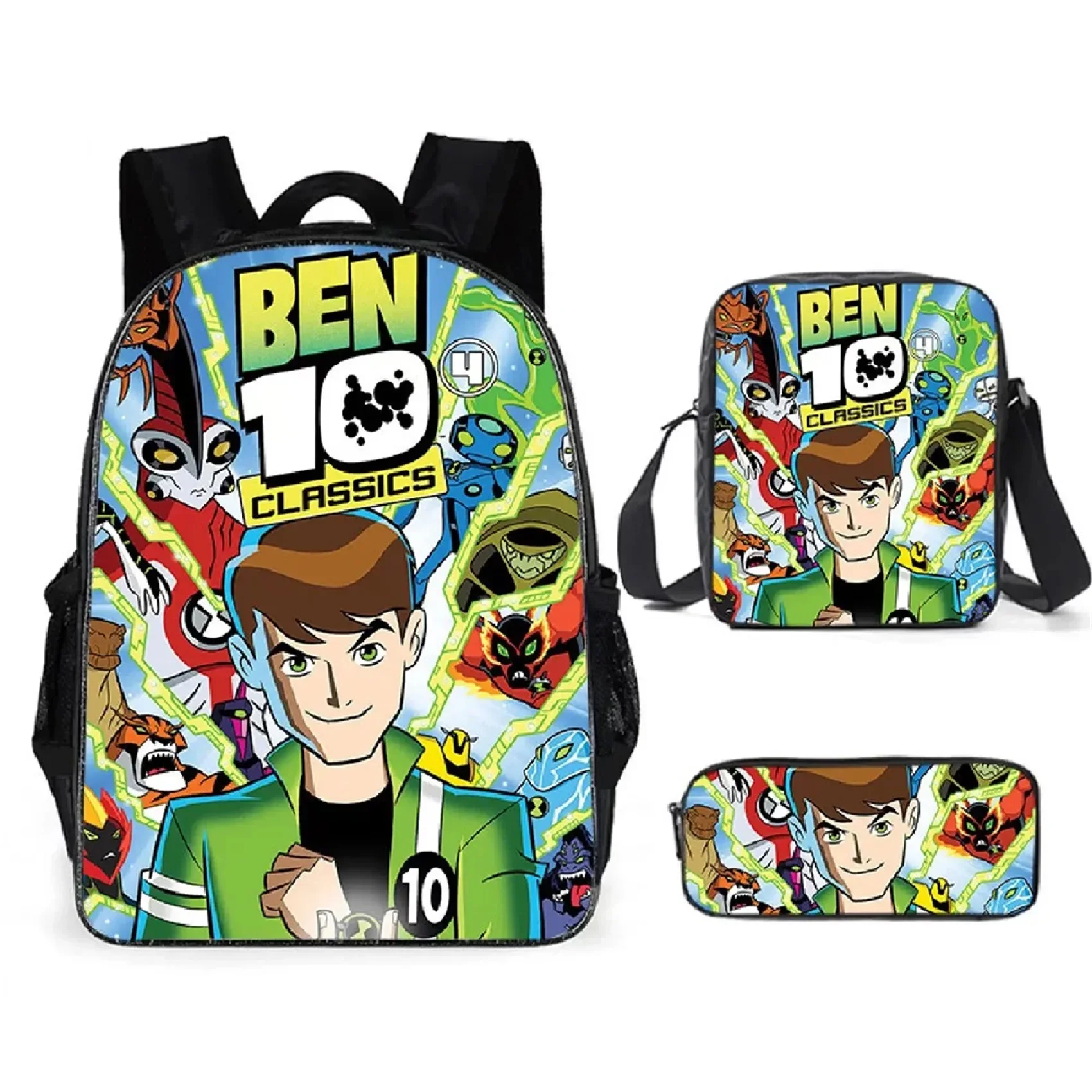 Lightweight Ben 10 Backpack with Single Shoulder Bag+Pencil Case 3Pcs Set,Back to School Student 3 in 1 Book Bag Set 3