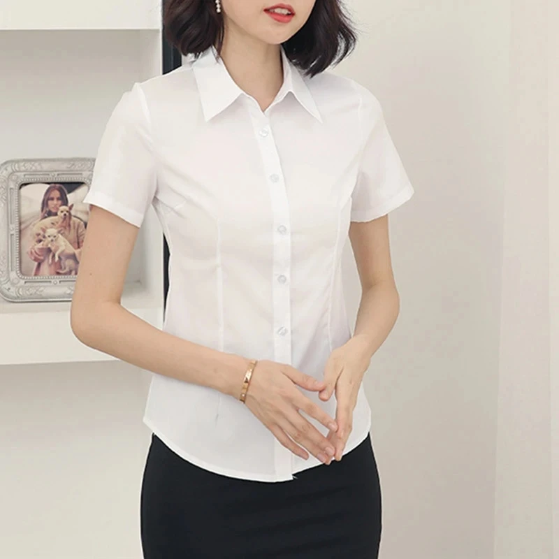 Fashion Woman Blouses 2023 V-neck Short Sleeve Solid Work Shirts Tops Pretty and Cheap Women's Blouse OL White Female clothing - Image 2
