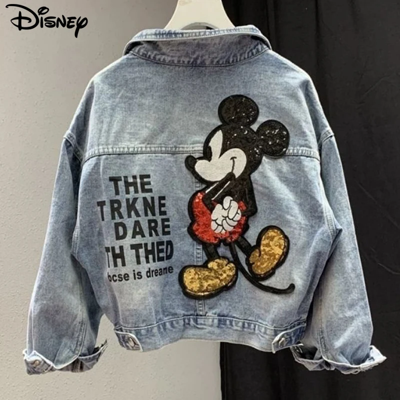 

Disney Arrival Top Fashion Autumn Cotton Loose Casual Cartoon Mickey Mouse Print Beaded Embroidery Destroy Wash Denim Jacket
