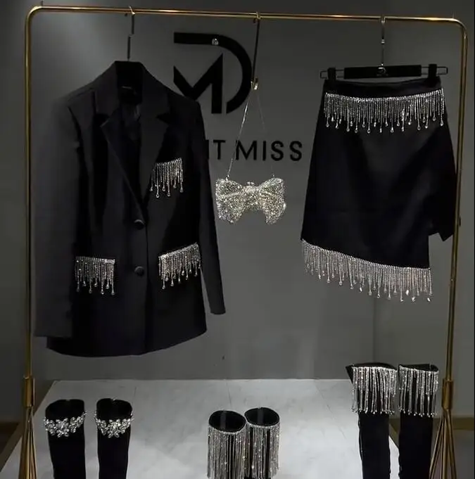 

2023 Spring and Autumn Black Heavy Industry Tassel Ol Graceful Suit Jacket Business Suit Women Slit Skirt Two-Piece Sets Fashion