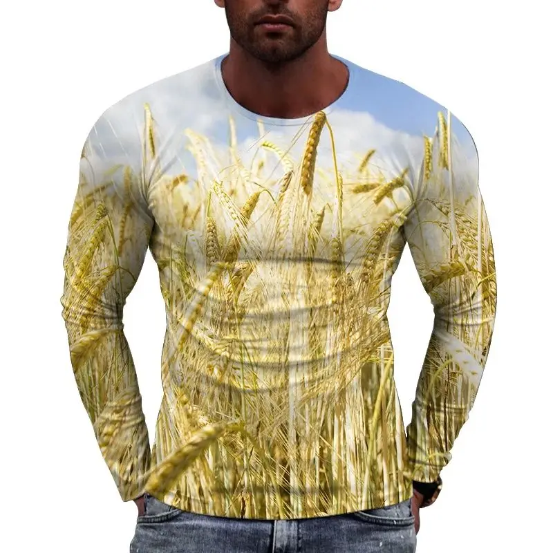 New European Golden Wheat Wave Picture Men T-Shirt A Maniche Lunghe Casual Printed Tees Hip-Hop Personality Girocollo Top