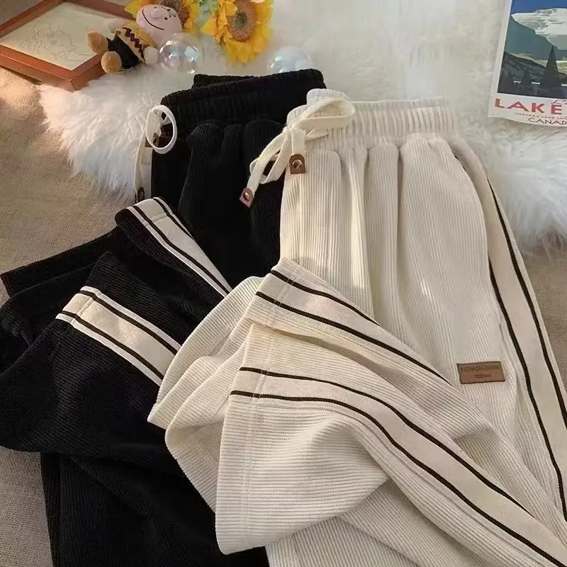 Corduroy Men Spring Youth Loose Straight Cylinder Elastic Waist Side Stripes Wide Leg Pants Trend Affordable Casual Trousers